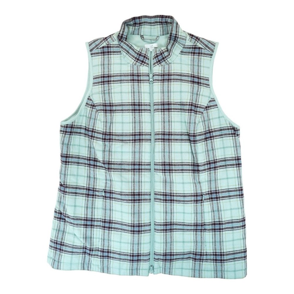 J.JILL Light Blue Plaid Flannel Fleece Lined Puffer Vest Size XL - Women's